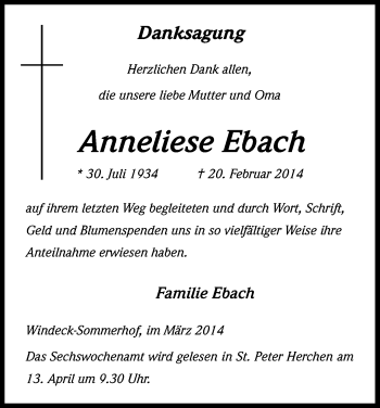Anzeige von Anneliese Ebach von Kölner Stadt-Anzeiger / Kölnische Rundschau / Express
