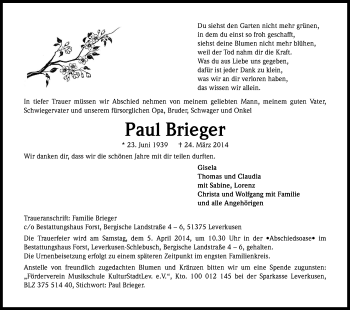 Anzeige von Paul Brieger von Kölner Stadt-Anzeiger / Kölnische Rundschau / Express