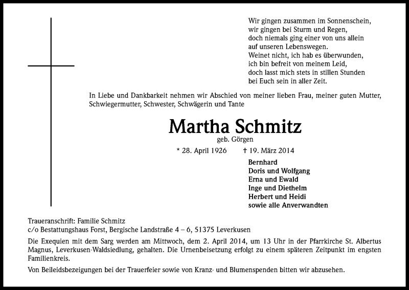  Traueranzeige für Martha Schmitz vom 29.03.2014 aus Kölner Stadt-Anzeiger / Kölnische Rundschau / Express