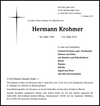 Anzeige von Hermann Krohmer von Kölner Stadt-Anzeiger / Kölnische Rundschau / Express