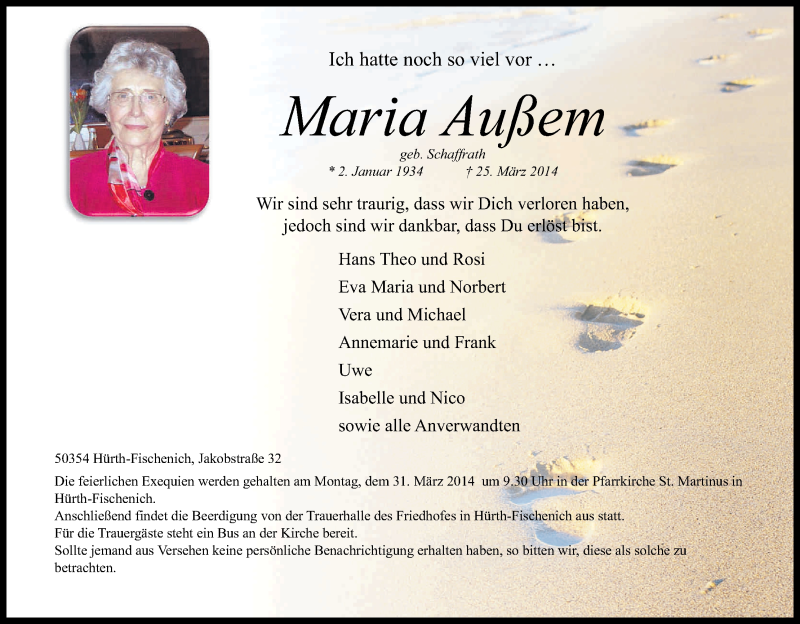  Traueranzeige für Maria Außem vom 29.03.2014 aus Kölner Stadt-Anzeiger / Kölnische Rundschau / Express