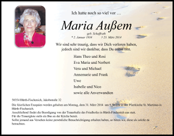 Anzeige von Maria Außem von Kölner Stadt-Anzeiger / Kölnische Rundschau / Express