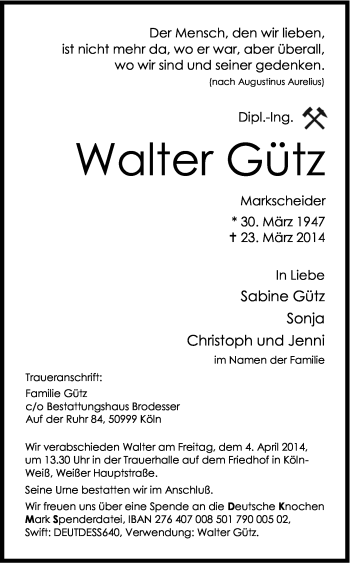 Anzeige von Walter Gütz von Kölner Stadt-Anzeiger / Kölnische Rundschau / Express