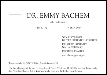 Anzeige von Emmy Bachem von Kölner Stadt-Anzeiger / Kölnische Rundschau / Express