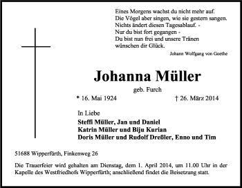 Anzeige von Johanna Müller von Kölner Stadt-Anzeiger / Kölnische Rundschau / Express