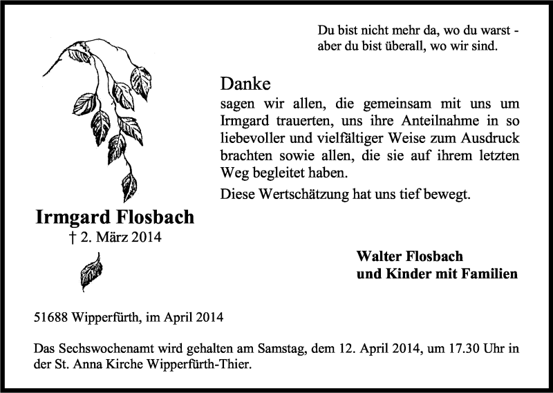  Traueranzeige für Irmgard Flosbach vom 05.04.2014 aus Kölner Stadt-Anzeiger / Kölnische Rundschau / Express