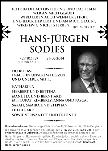 Anzeige von Hans-Jürgen Sodies von Kölner Stadt-Anzeiger / Kölnische Rundschau / Express