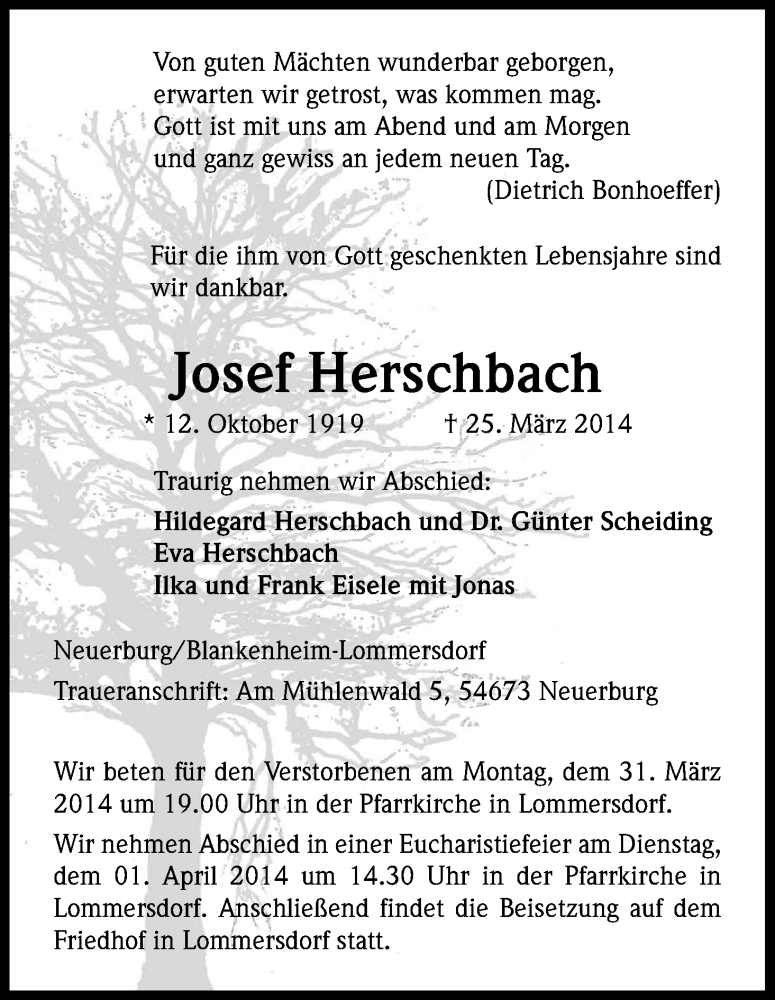  Traueranzeige für Josef Herschbach vom 28.03.2014 aus Kölner Stadt-Anzeiger / Kölnische Rundschau / Express