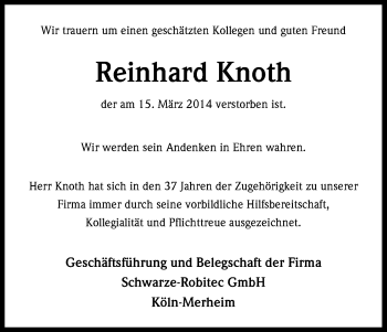 Anzeige von Reinhard Knoth von Kölner Stadt-Anzeiger / Kölnische Rundschau / Express