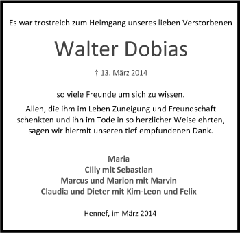 Anzeige von Walter Dobias von Kölner Stadt-Anzeiger / Kölnische Rundschau / Express