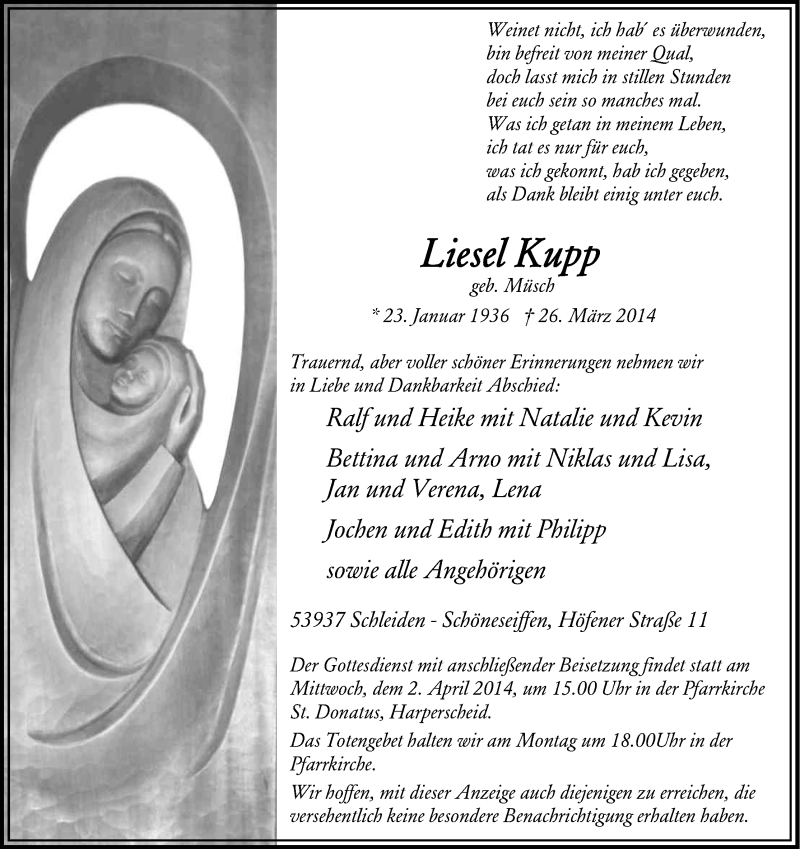  Traueranzeige für Liesel Kupp vom 28.03.2014 aus Kölner Stadt-Anzeiger / Kölnische Rundschau / Express
