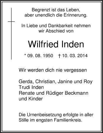 Anzeige von Wilfried Inden von Kölner Stadt-Anzeiger / Kölnische Rundschau / Express