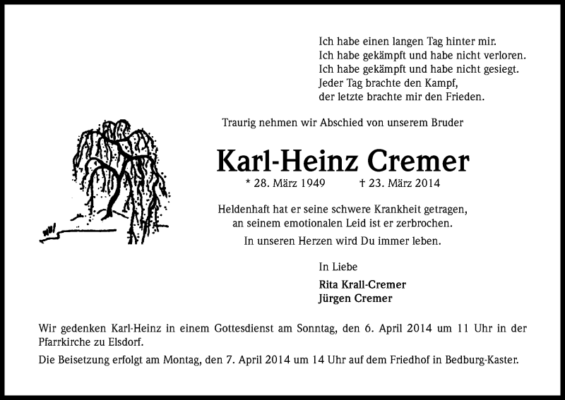  Traueranzeige für Karl-Heinz Cremer vom 02.04.2014 aus Kölner Stadt-Anzeiger / Kölnische Rundschau / Express