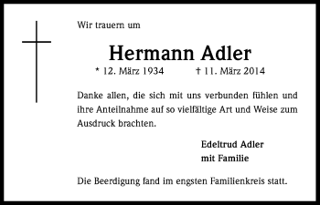 Anzeige von Hermann Adler von Kölner Stadt-Anzeiger / Kölnische Rundschau / Express