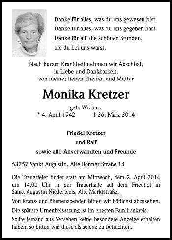 Anzeige von Monika Kretzer von Kölner Stadt-Anzeiger / Kölnische Rundschau / Express