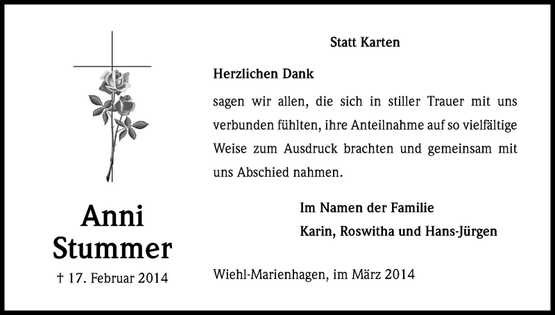  Traueranzeige für Anni Stummer vom 29.03.2014 aus Kölner Stadt-Anzeiger / Kölnische Rundschau / Express
