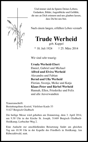 Anzeige von Trude Werheid von Kölner Stadt-Anzeiger / Kölnische Rundschau / Express