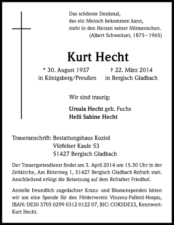 Anzeige von Kurt Hecht von Kölner Stadt-Anzeiger / Kölnische Rundschau / Express