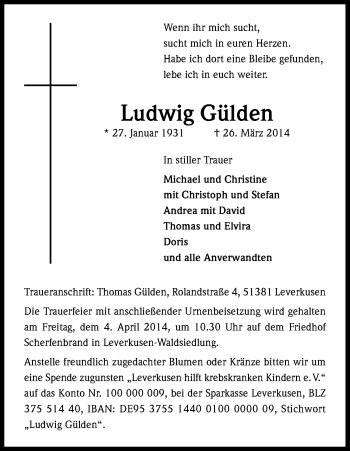 Anzeige von Ludwig Gülden von Kölner Stadt-Anzeiger / Kölnische Rundschau / Express