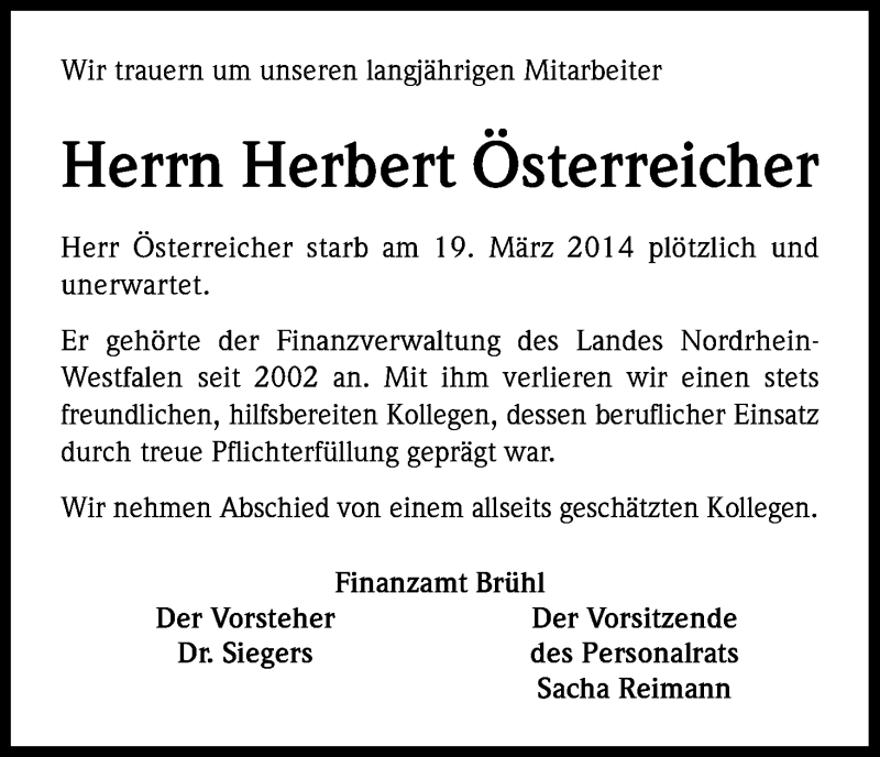  Traueranzeige für Herbert Österreicher vom 31.03.2014 aus Kölner Stadt-Anzeiger / Kölnische Rundschau / Express