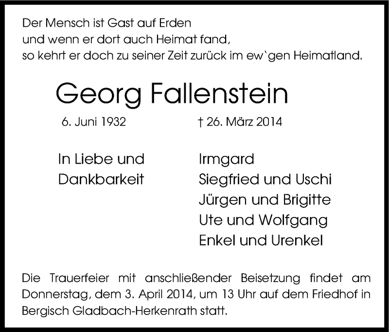  Traueranzeige für Georg Fallenstein vom 29.03.2014 aus Kölner Stadt-Anzeiger / Kölnische Rundschau / Express