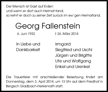 Anzeige von Georg Fallenstein von Kölner Stadt-Anzeiger / Kölnische Rundschau / Express