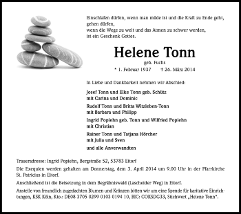 Anzeige von Helene Tonn von Kölner Stadt-Anzeiger / Kölnische Rundschau / Express