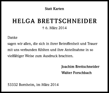 Anzeige von Helga Brettschneider von Kölner Stadt-Anzeiger / Kölnische Rundschau / Express
