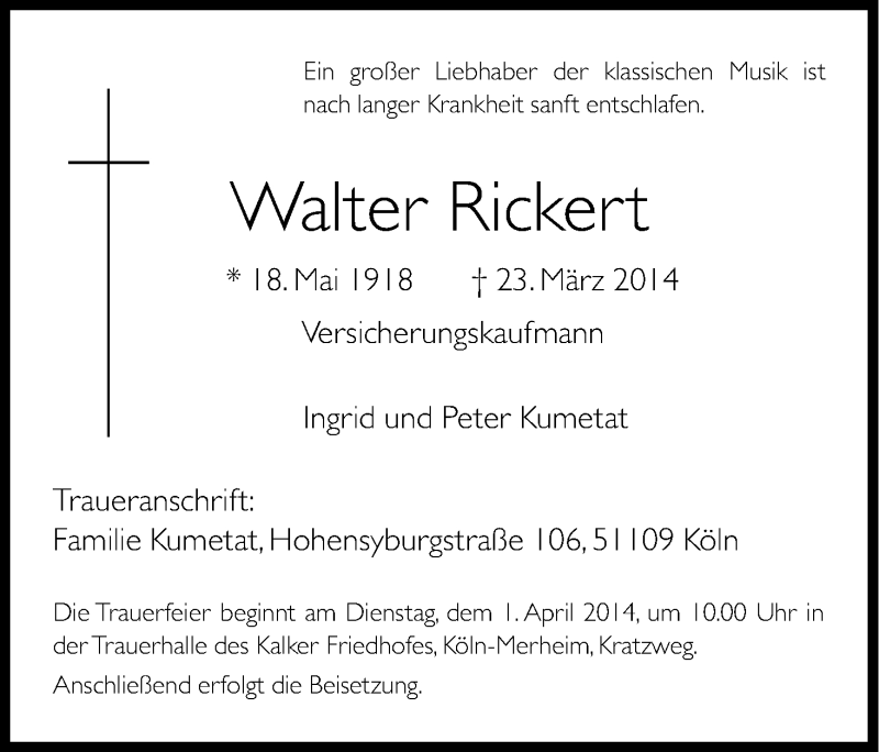  Traueranzeige für Walter Rickert vom 29.03.2014 aus Kölner Stadt-Anzeiger / Kölnische Rundschau / Express