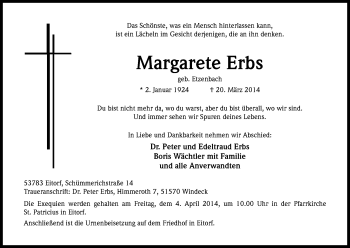 Anzeige von Margarete Erbs von Kölner Stadt-Anzeiger / Kölnische Rundschau / Express