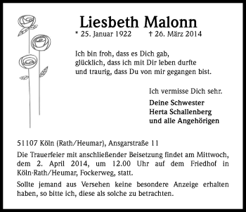 Anzeige von Liesbeth Malonn von Kölner Stadt-Anzeiger / Kölnische Rundschau / Express
