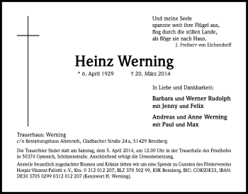 Anzeige von Heinz Werning von Kölner Stadt-Anzeiger / Kölnische Rundschau / Express