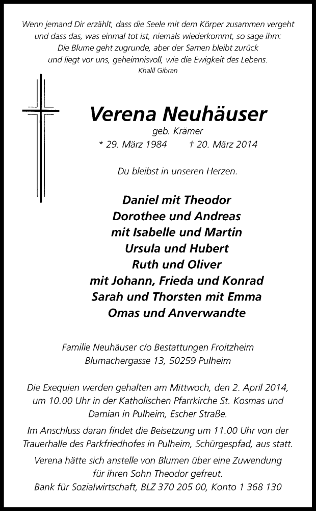  Traueranzeige für Verena Neuhäuser vom 29.03.2014 aus Kölner Stadt-Anzeiger / Kölnische Rundschau / Express
