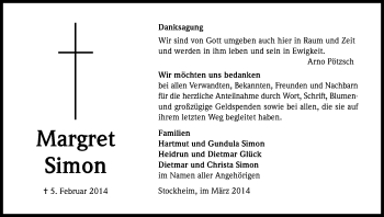 Anzeige von Margret Simon von Kölner Stadt-Anzeiger / Kölnische Rundschau / Express