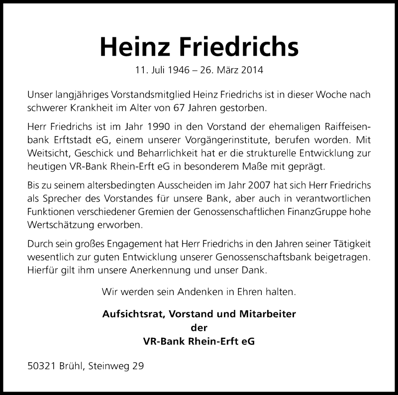  Traueranzeige für Heinz Friedrichs vom 29.03.2014 aus Kölner Stadt-Anzeiger / Kölnische Rundschau / Express
