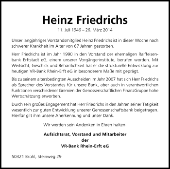 Anzeige von Heinz Friedrichs von Kölner Stadt-Anzeiger / Kölnische Rundschau / Express