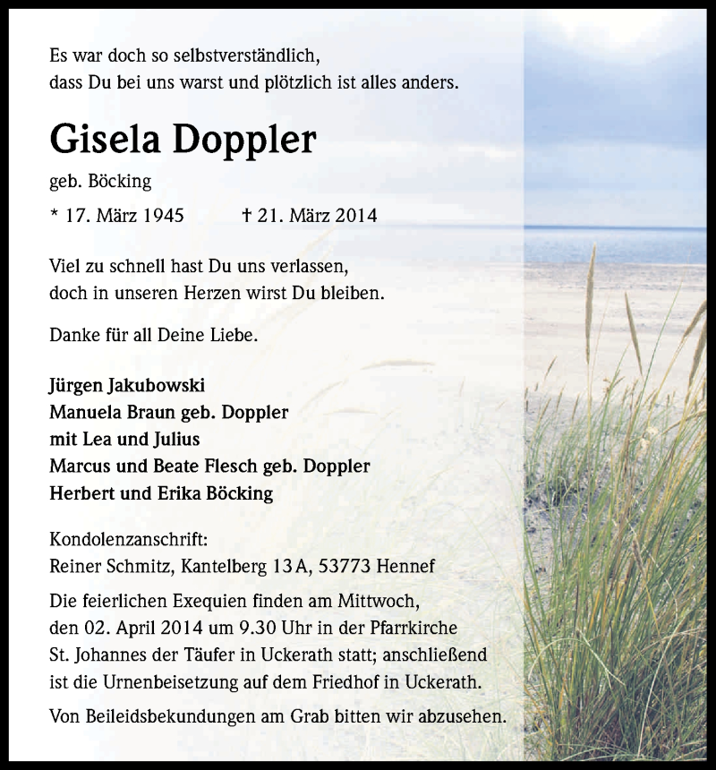  Traueranzeige für Gisela Doppler vom 29.03.2014 aus Kölner Stadt-Anzeiger / Kölnische Rundschau / Express