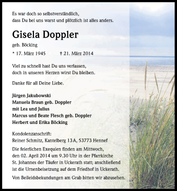 Anzeige von Gisela Doppler von Kölner Stadt-Anzeiger / Kölnische Rundschau / Express