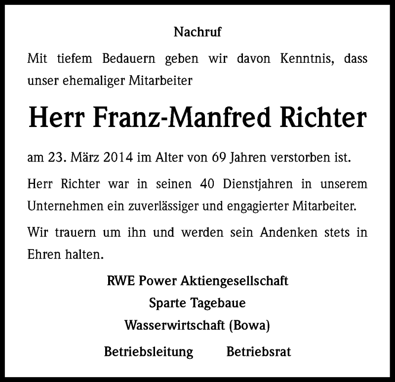  Traueranzeige für Franz-Manfred Richter vom 10.04.2014 aus Kölner Stadt-Anzeiger / Kölnische Rundschau / Express