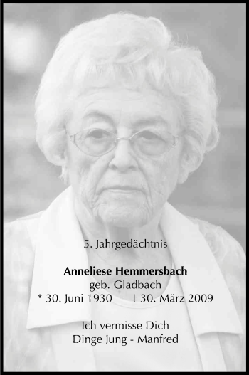 Anzeige von Anneliese Hemmersbach von Kölner Stadt-Anzeiger / Kölnische Rundschau / Express