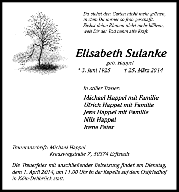 Anzeige von Elisabeth Sulanke von Kölner Stadt-Anzeiger / Kölnische Rundschau / Express