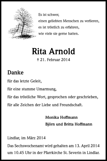 Anzeige von Rita Arnold von Kölner Stadt-Anzeiger / Kölnische Rundschau / Express