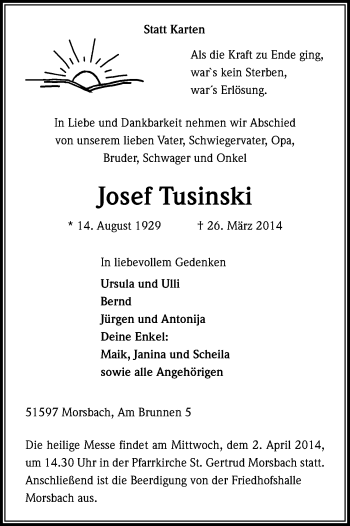Anzeige von Josef Tusinski von Kölner Stadt-Anzeiger / Kölnische Rundschau / Express