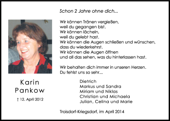 Anzeige von Karin Pankow von Kölner Stadt-Anzeiger / Kölnische Rundschau / Express