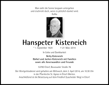 Anzeige von Hanspeter Kisteneich von Kölner Stadt-Anzeiger / Kölnische Rundschau / Express