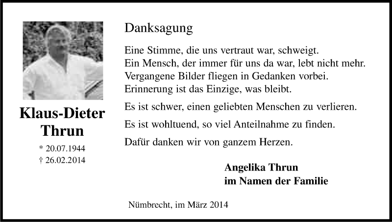  Traueranzeige für Klaus-Dieter Thrun vom 29.03.2014 aus Kölner Stadt-Anzeiger / Kölnische Rundschau / Express
