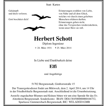 Anzeige von Herbert Schott von Kölner Stadt-Anzeiger / Kölnische Rundschau / Express