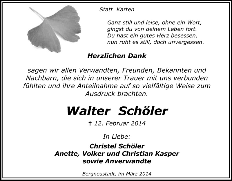  Traueranzeige für Walter Schöler vom 29.03.2014 aus Kölner Stadt-Anzeiger / Kölnische Rundschau / Express
