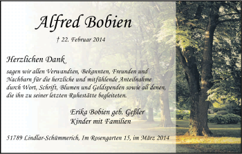 Anzeige von Alfred Bobien von Kölner Stadt-Anzeiger / Kölnische Rundschau / Express
