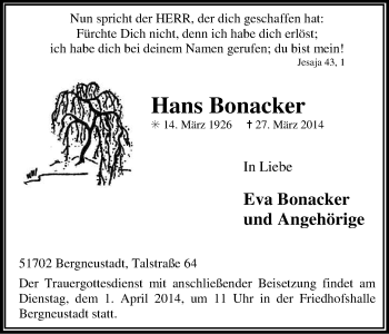 Anzeige von Hans Bonacker von Kölner Stadt-Anzeiger / Kölnische Rundschau / Express